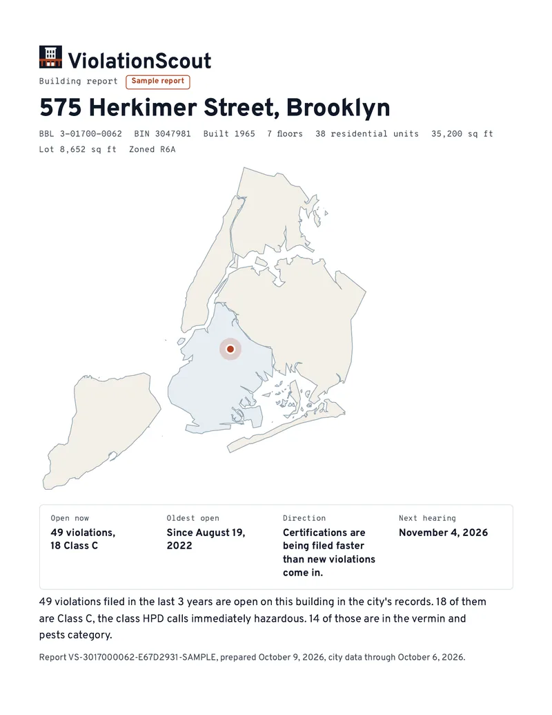 Page 1 of the sample report, the cover: the address and lot details, a map of where the building stands, and a box with what is open, the oldest open violation, which way it is heading and the next hearing.